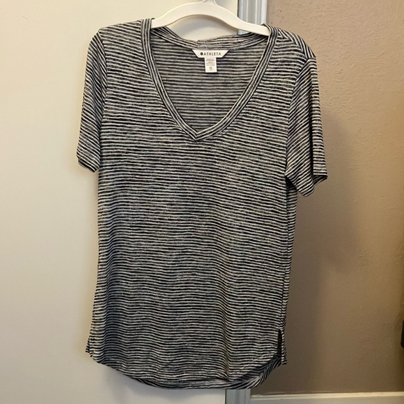 Athleta Breezy Scoop V Neck Tee in Navy Blue and White Stripes, XS - Picture 2 of 5